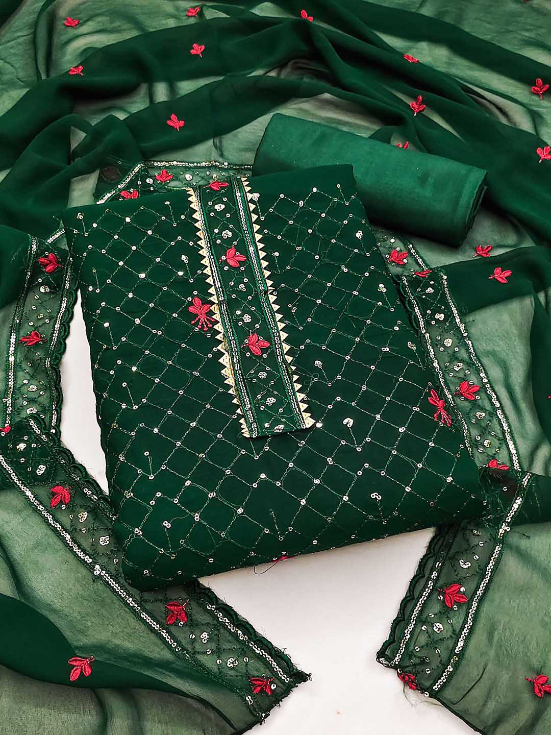 

KALINI Geometric Embroidered Sequinned Detailed Silk Georgette Unstitched Dress Material, Green