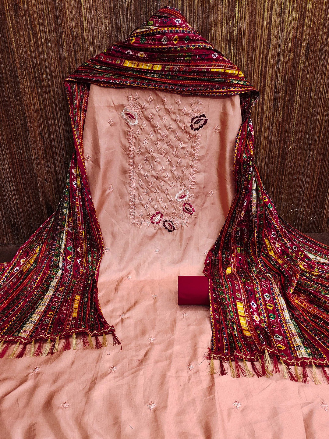 

KALINI Floral Embroidered Sequinned Unstitched Dress Material, Peach