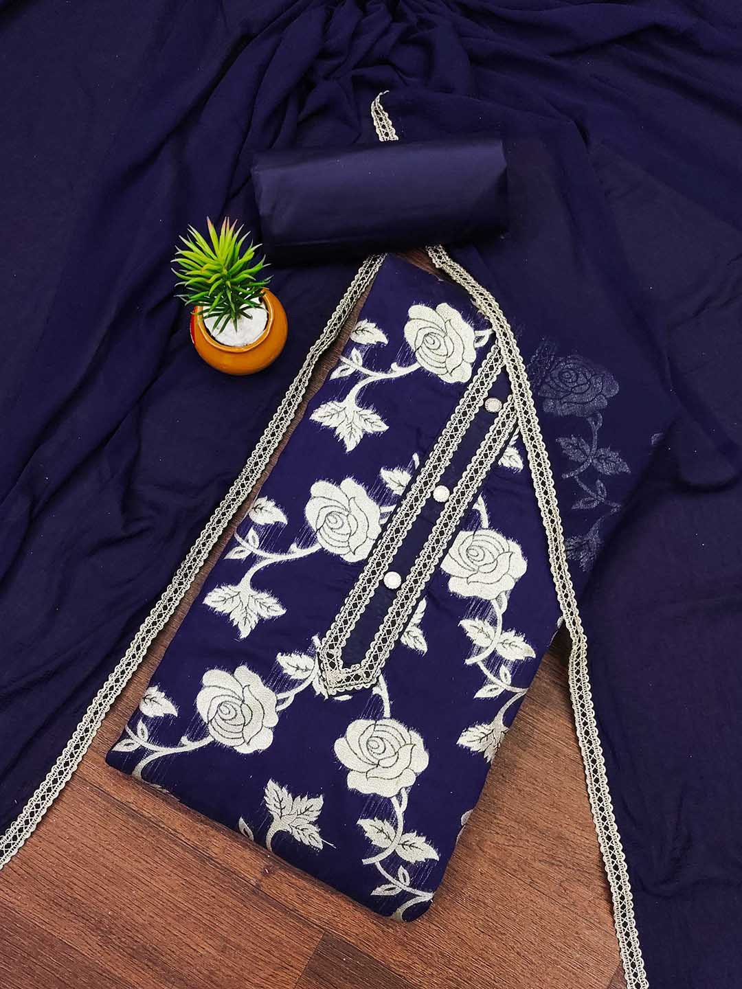 

KALINI Floral Woven Design Zari Unstitched Dress Material, Navy blue
