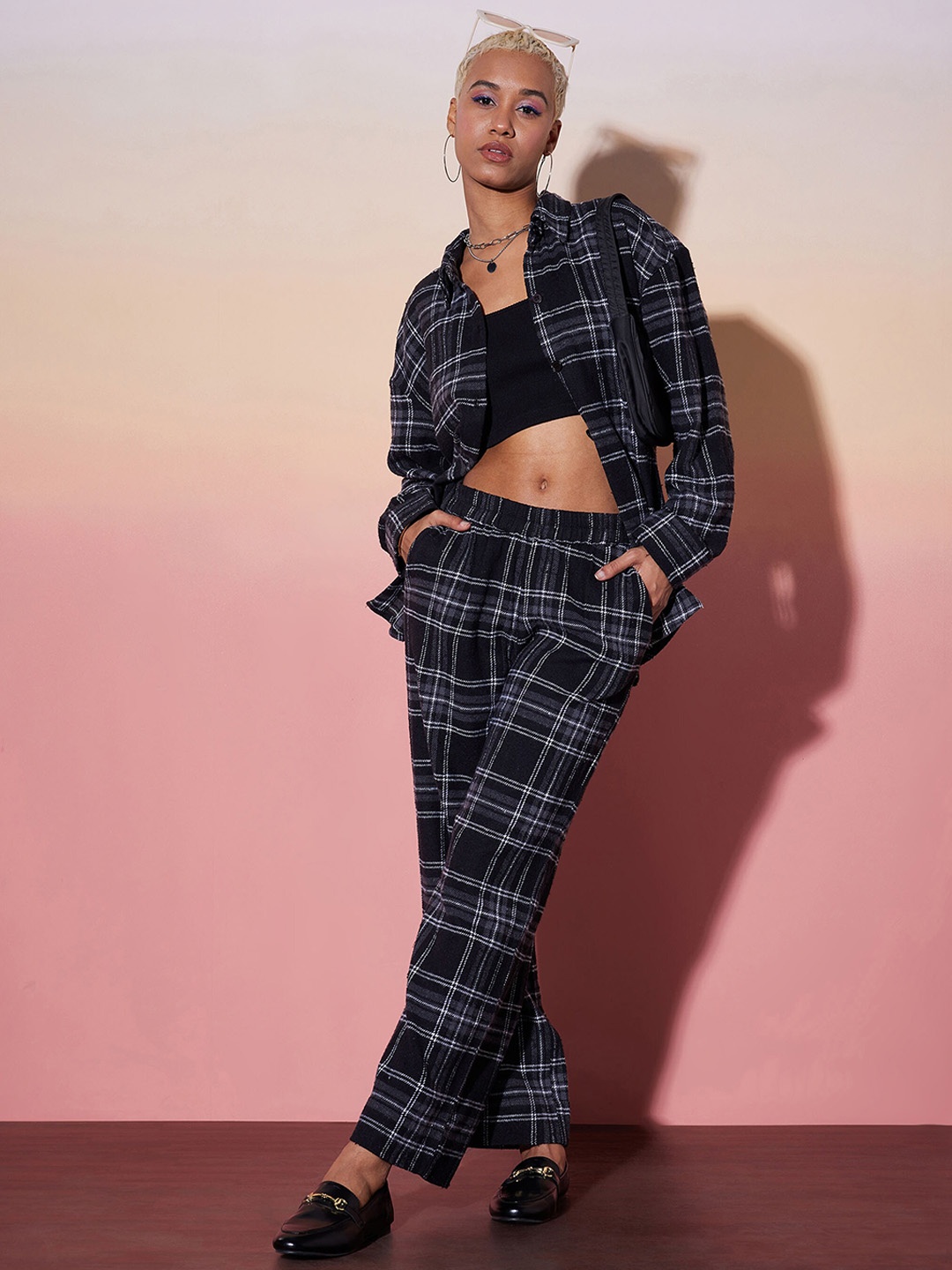 

SASSAFRAS alt-laze Black Checked Shirt Collar Pure Cotton Co-Ords