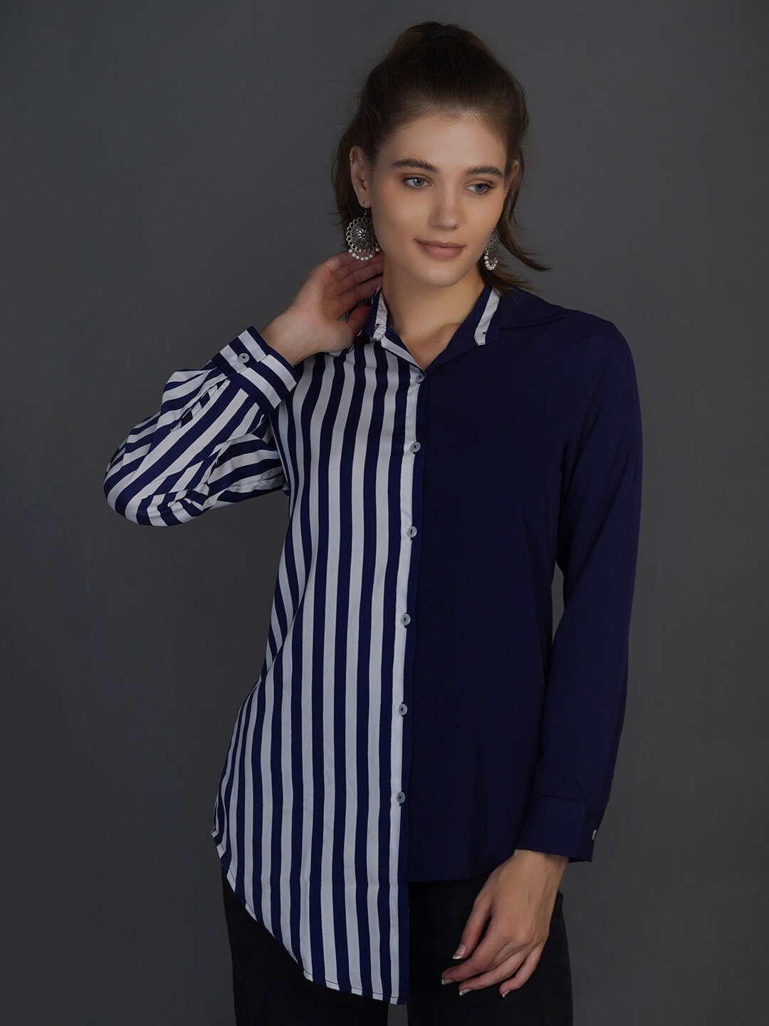 

Chemistry Spread Collar Paneled Striped Crepe Shirt, Blue