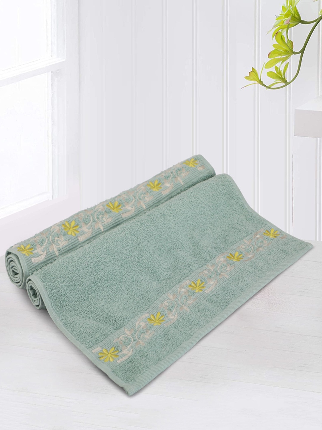 

LUSH & BEYOND Teal Green 2 Pieces Floral 500 GSM Pure Cotton Hand Towels