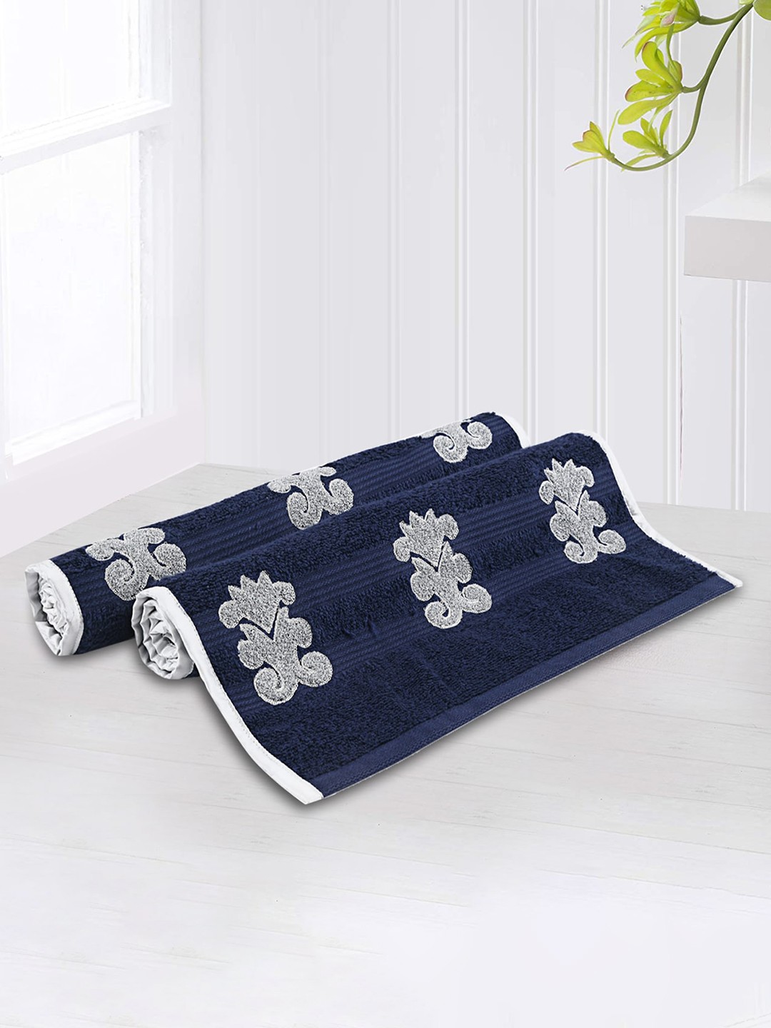 

LUSH & BEYOND Navy Blue & White 2 Pieces Embroidered 500 GSM Pure Cotton Hand Towels