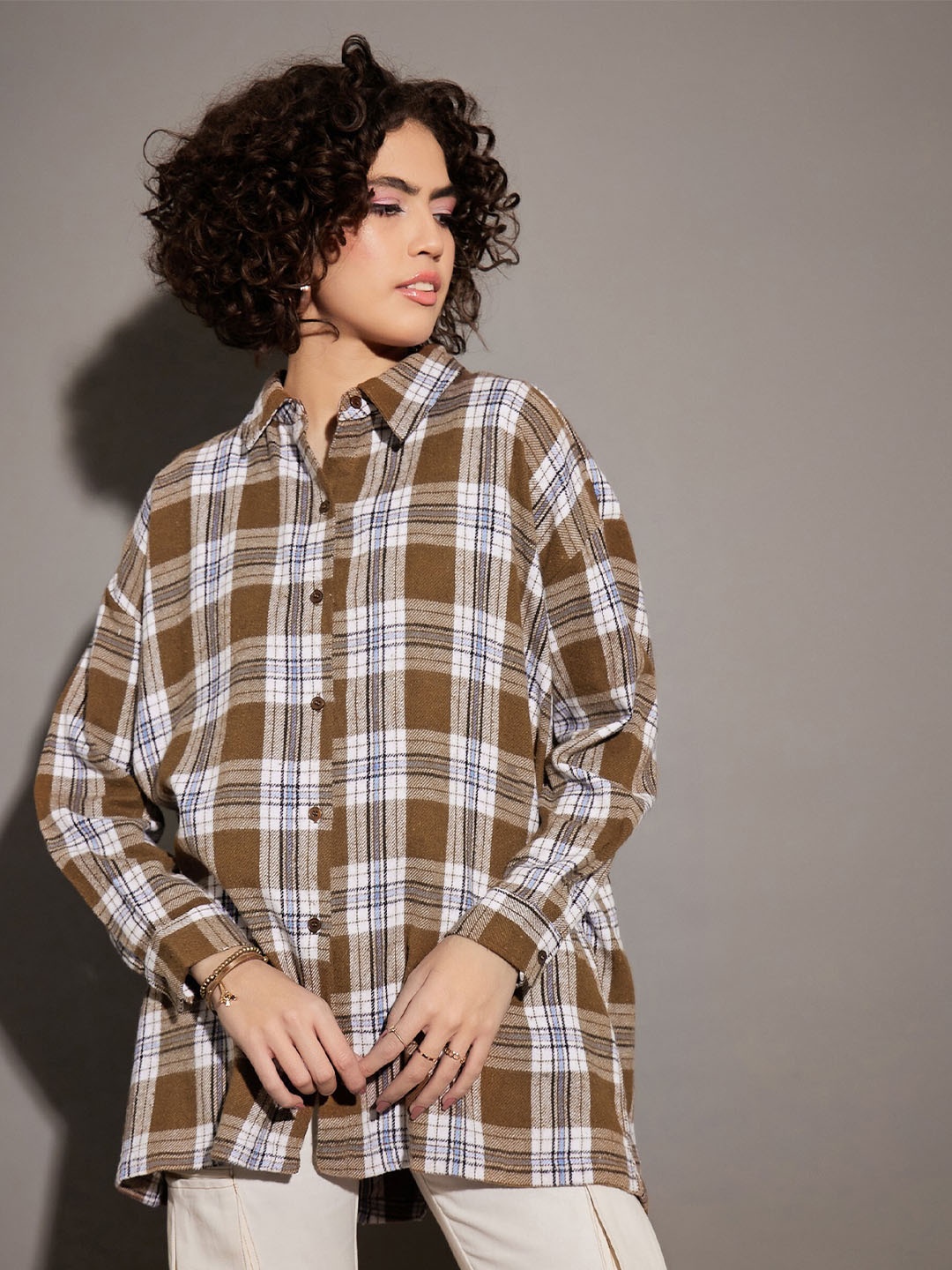 

SASSAFRAS Tartan Checked Oversized Pure Cotton Casual Shirt, Brown