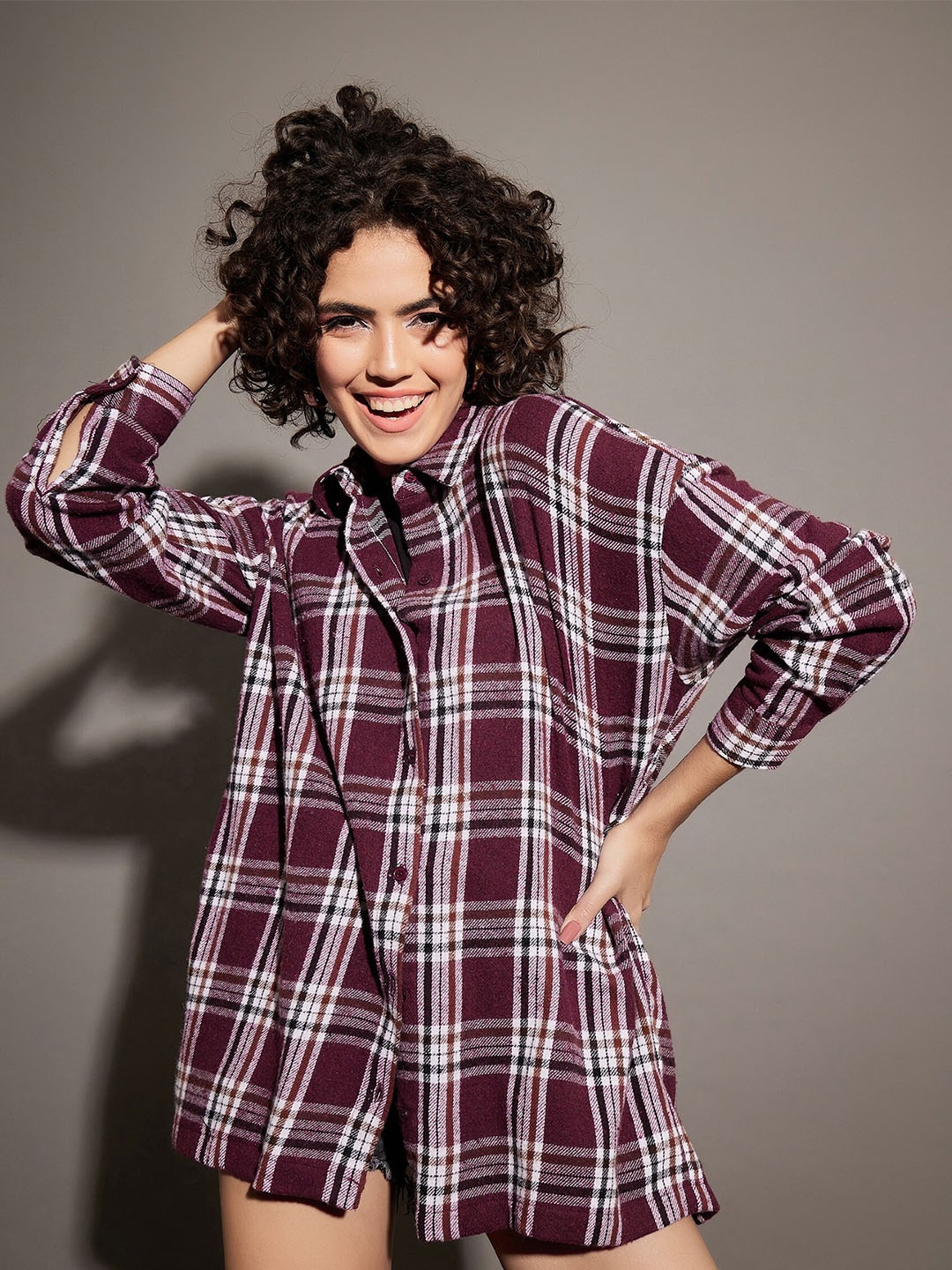 

SASSAFRAS Tartan Checked Oversized Pure Cotton Casual Shirt, Maroon