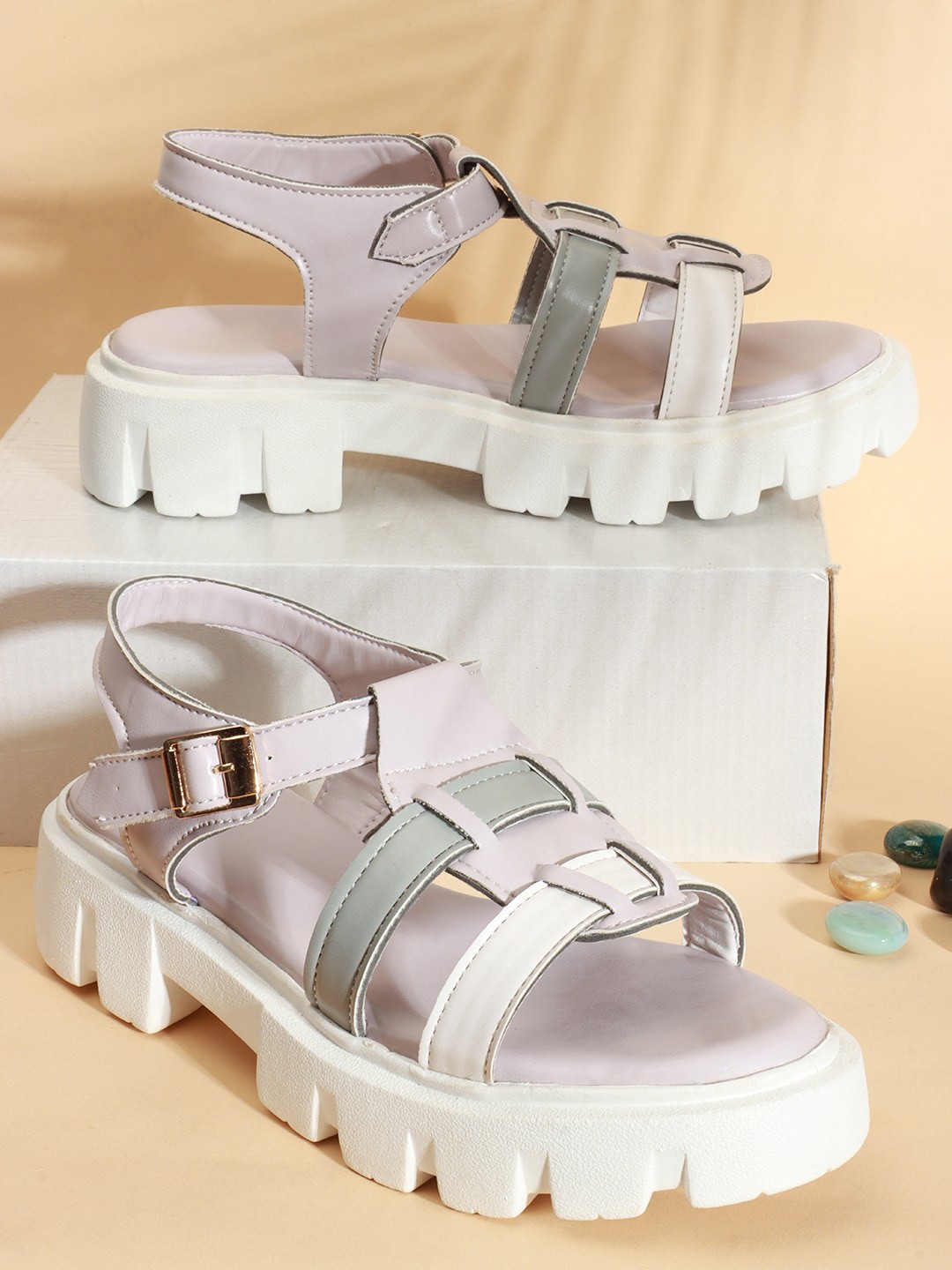

DressBerry Lavender & Grey Colourblocked Open Toe Platform Heels With Buckles
