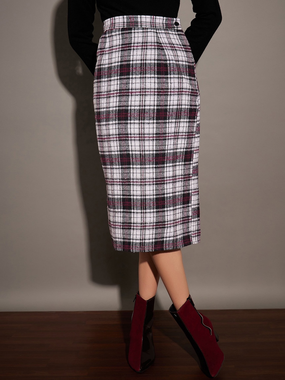 

SASSAFRAS White Checked Pure Cotton Pencil Midi Skirt