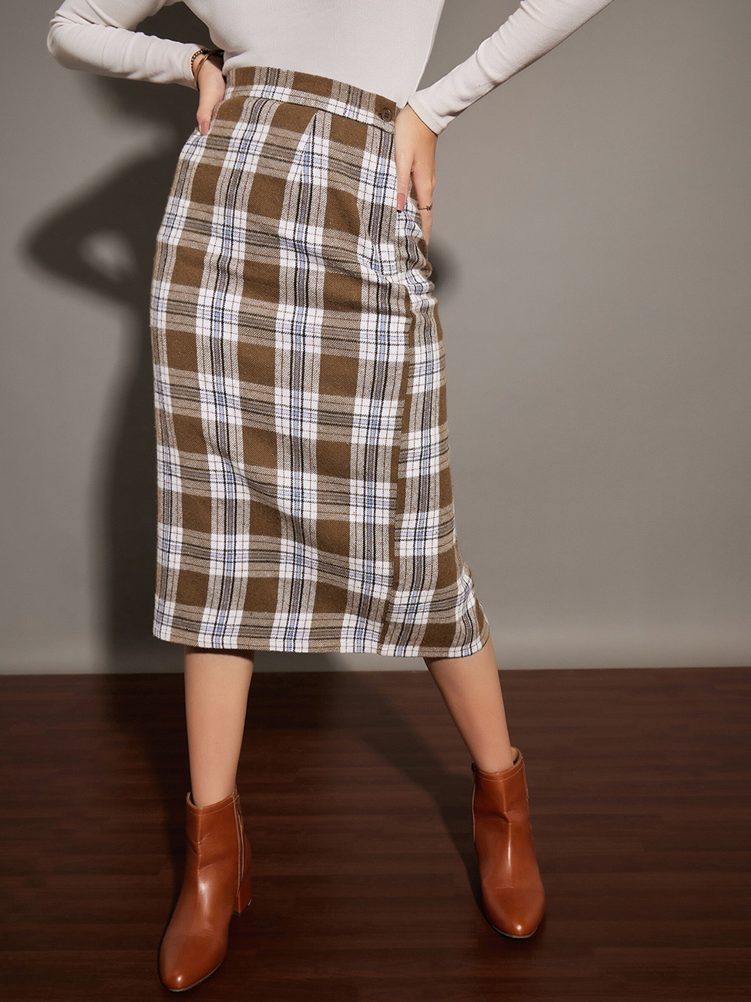 

SASSAFRAS Brown Checked Pure Cotton Pencil Midi Skirt