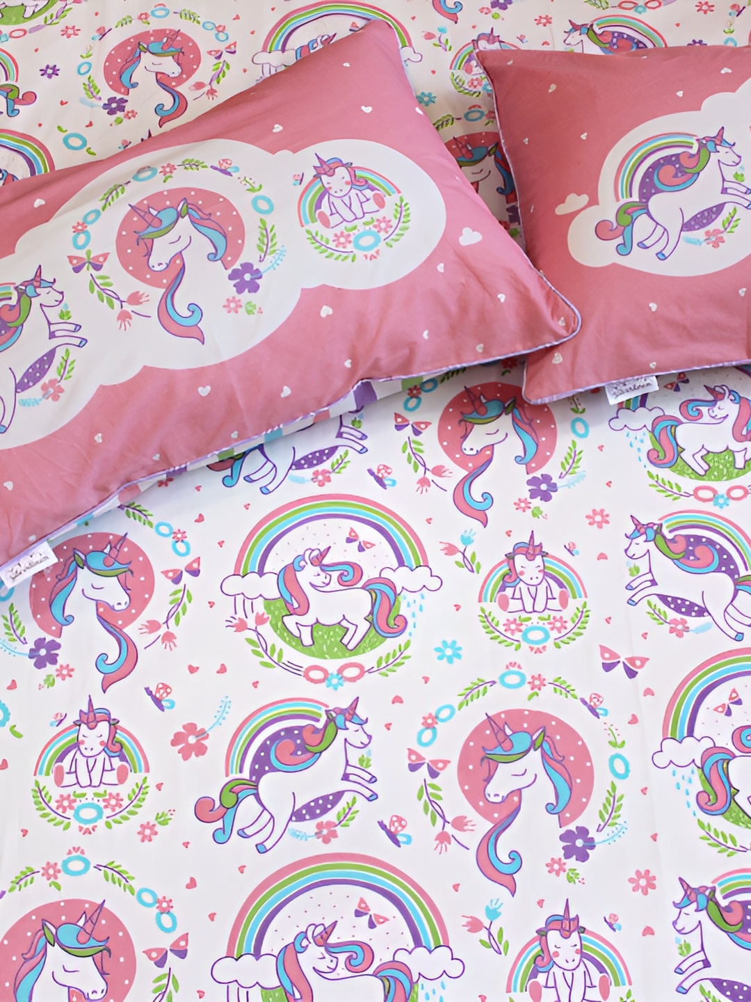 

Silverlinen Unicorn and Rainbow Printed 250 TC Cotton Single Bedsheet with 2 Pillow Covers, Pink