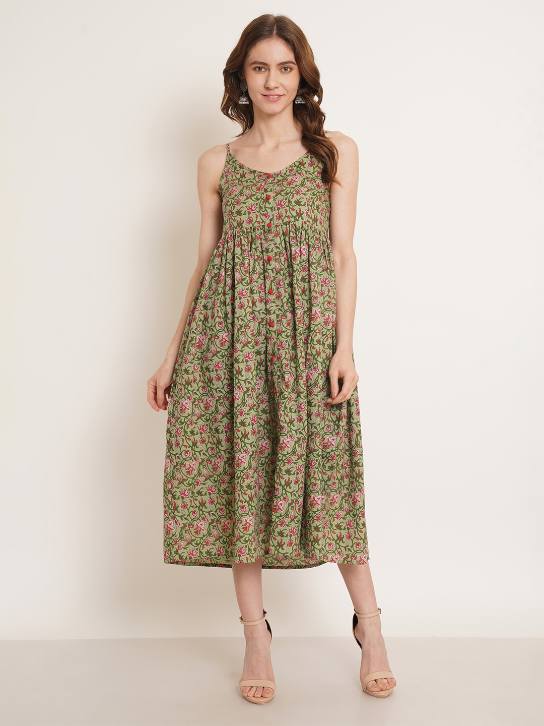 

KALINI Floral Printed Cotton A-Line Midi Ethnic Dress, Green