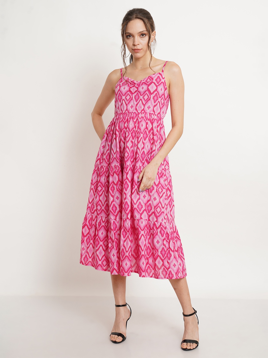 

KALINI Abstract Printed A-Line Midi Cotton Dress, Pink