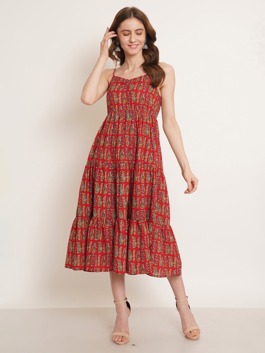 

KALINI Paisley Printed A-Line Midi Cotton Ethnic Dress, Red