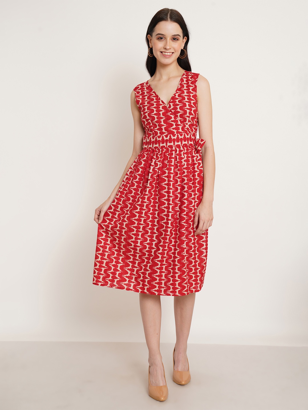 

KALINI Abstract Printed V-Neck Pleated Sleeveless Cotton Wrap Dress, Red