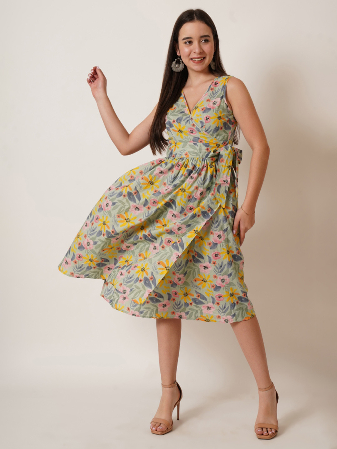 

KALINI Floral Printed Sleeveless Cotton Wrap Dress, Green