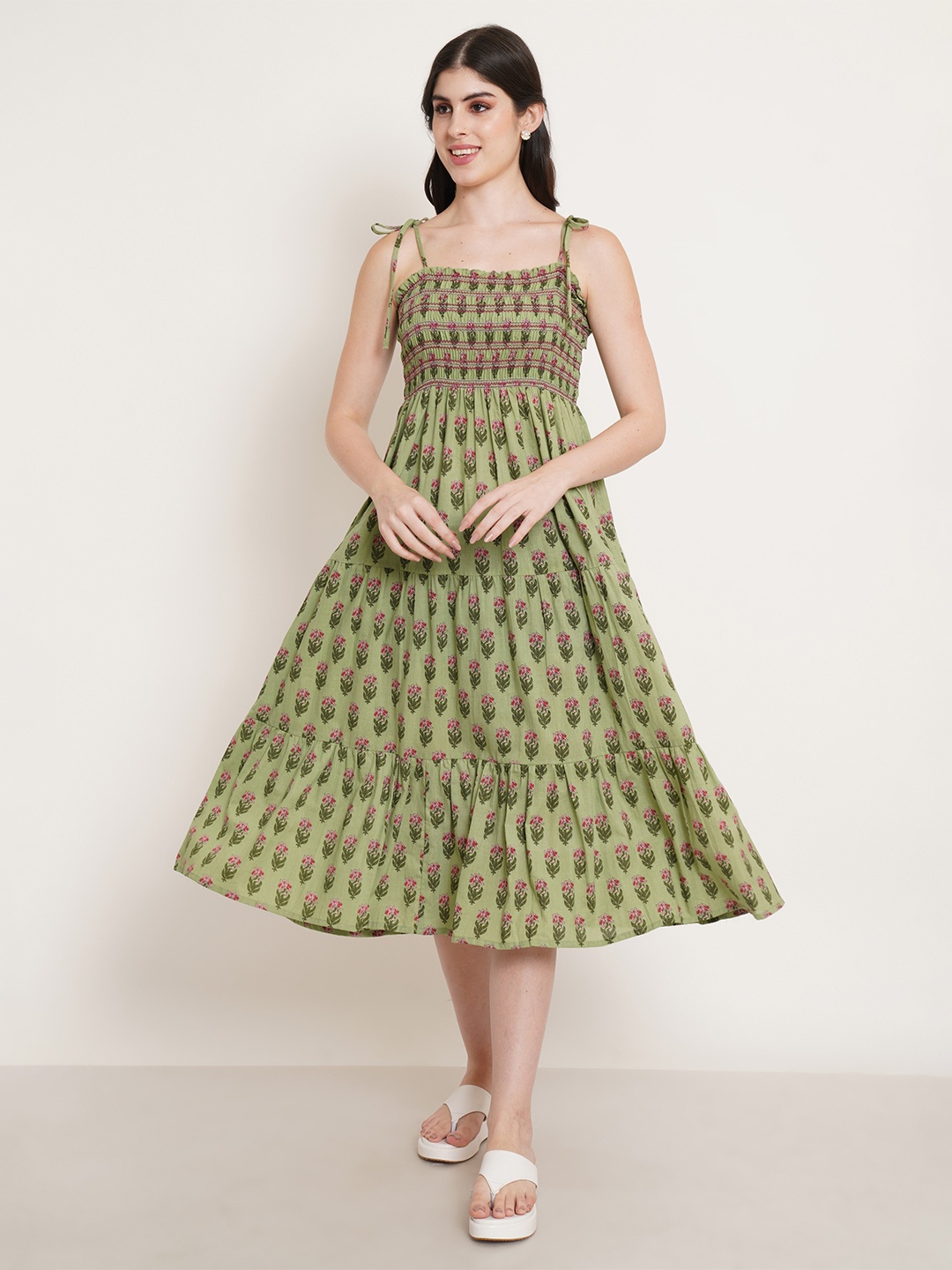 

KALINI Floral Printed Smocked Flounce A-Line Cotton Midi Dress, Green