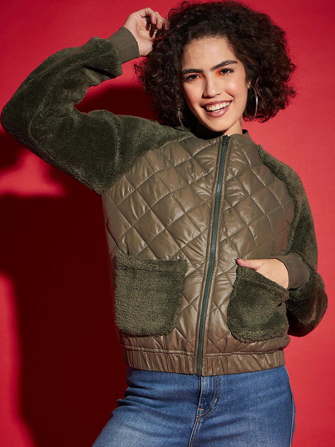 

SASSAFRAS Olive Green Mock Collar Faux Fur Trim Detailed Quilted Jacket