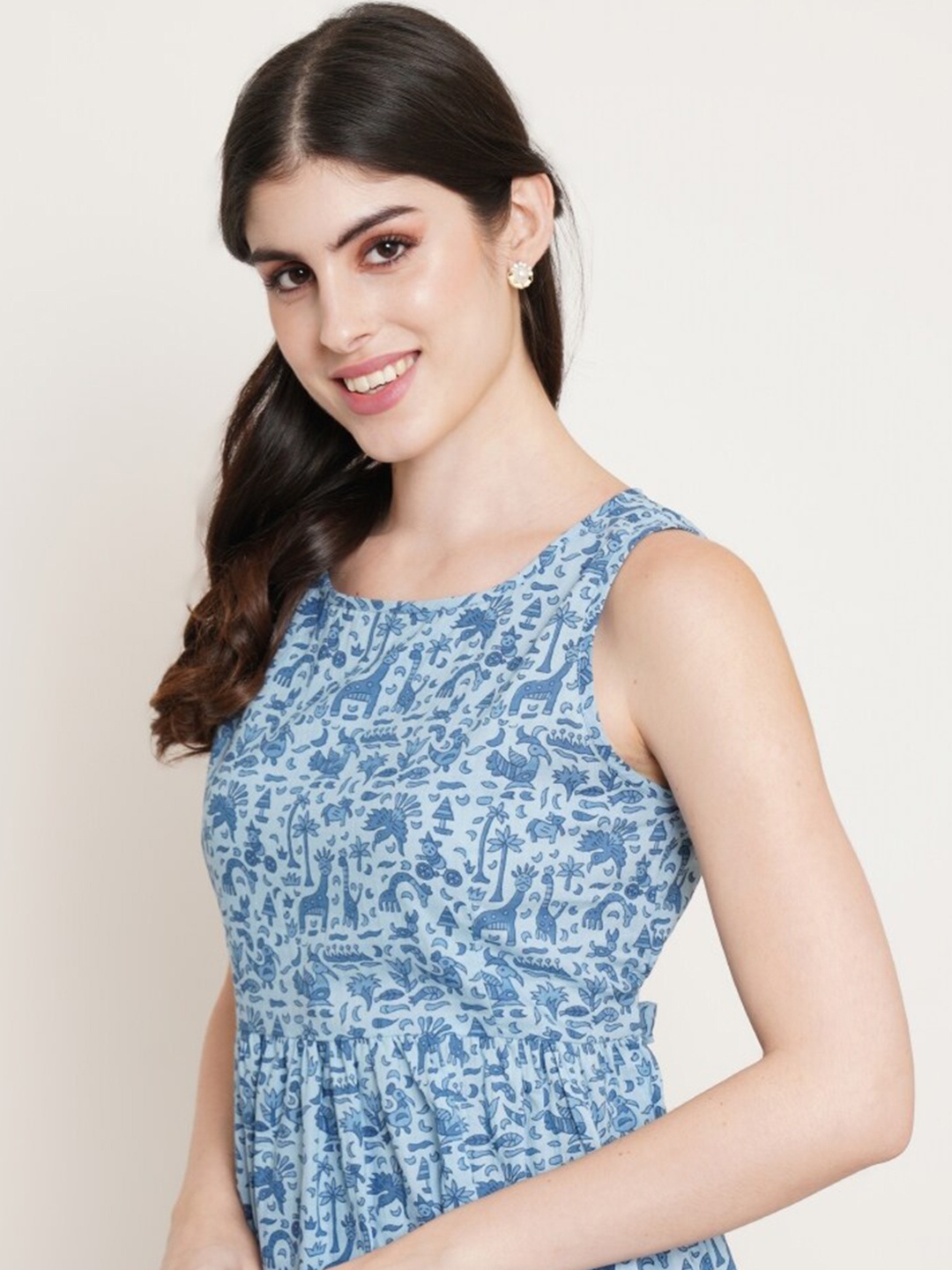 

KALINI Printed Pure Cotton Sleeveless Peplum Top & Palazzo Co-Ords, Blue