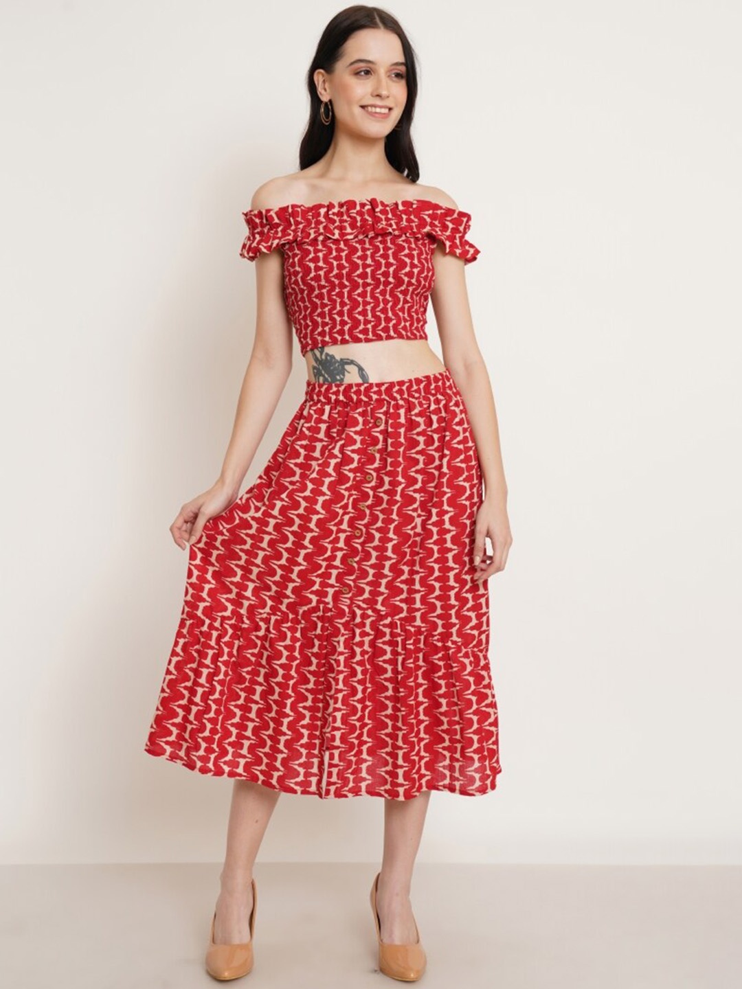 

KALINI Printed Pure Cotton Off Shoulder Peplum Top & Capri Co-Ords, Red