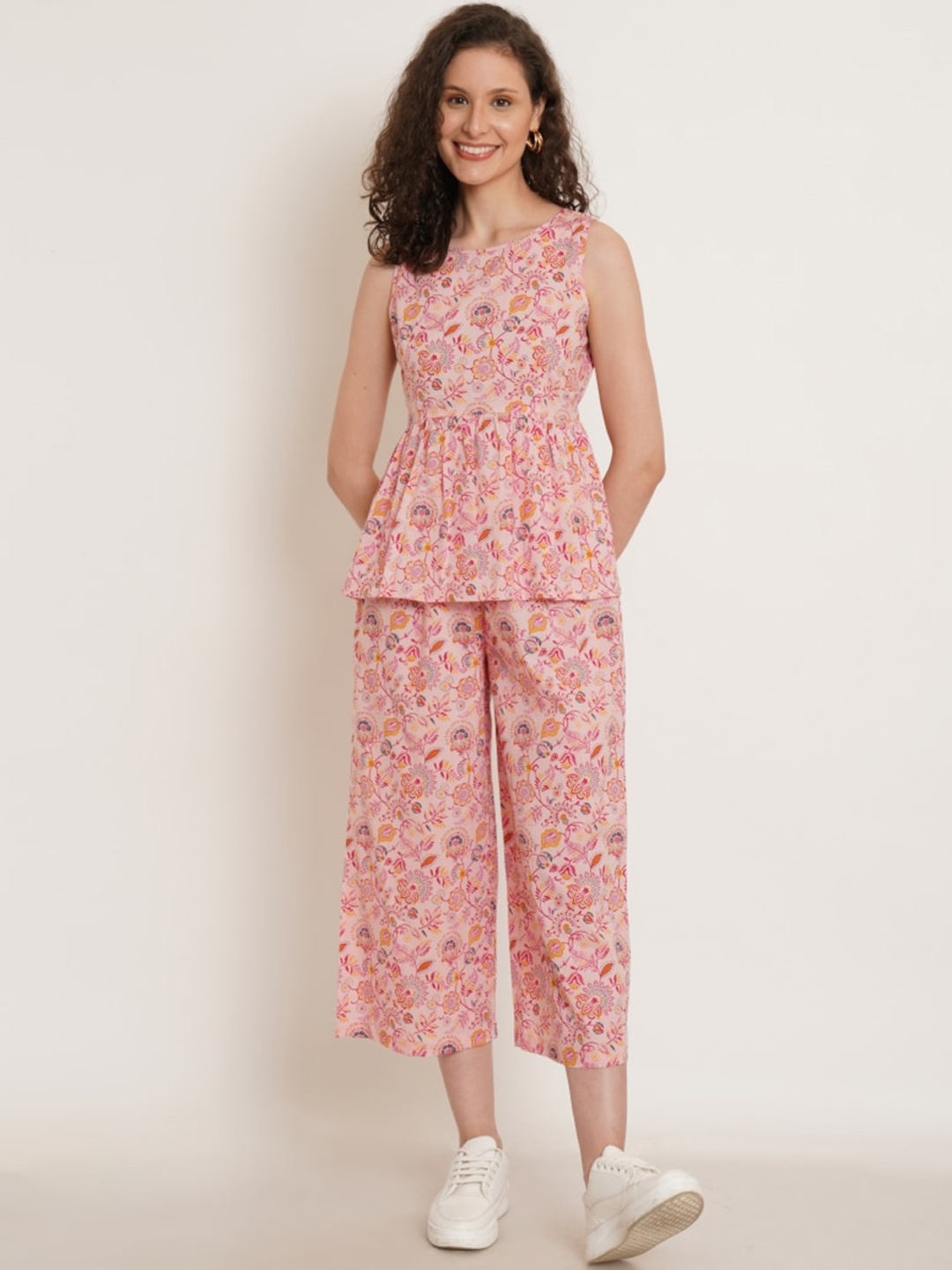 

KALINI Floral Printed Pure Cotton Peplum Top With Trouser, Pink