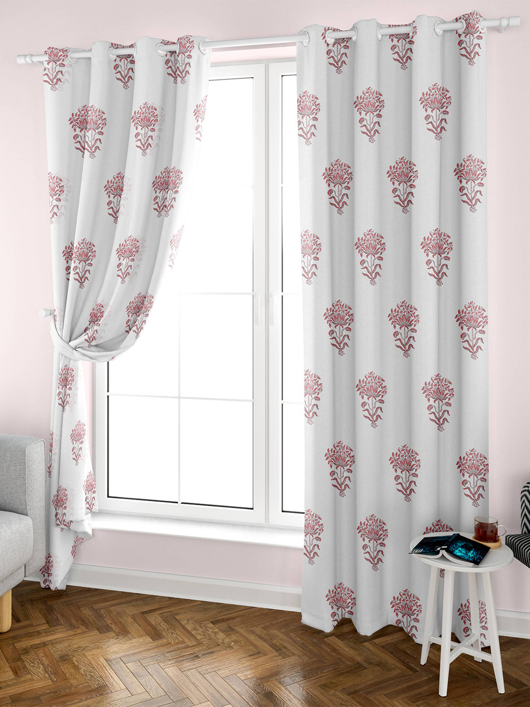 

Aura Maroon & White 2 Pieces Floral Printed Pure Cotton Long Door Curtain