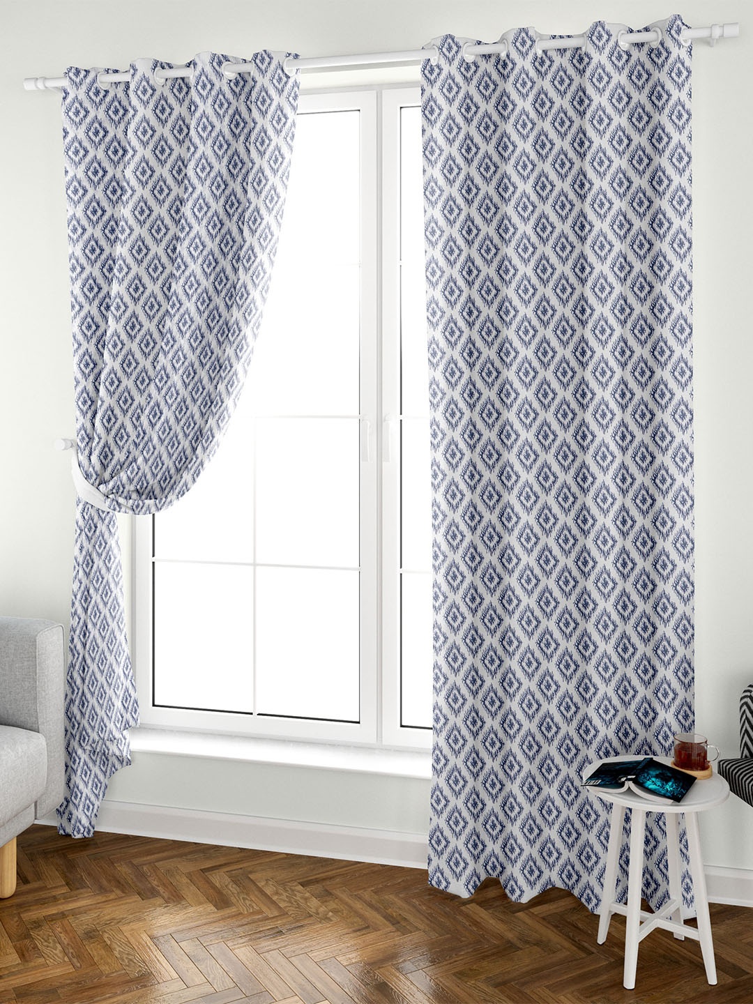 

Aura Blue & White 2 Pieces Cotton Geometric Eyelet Door Curtain