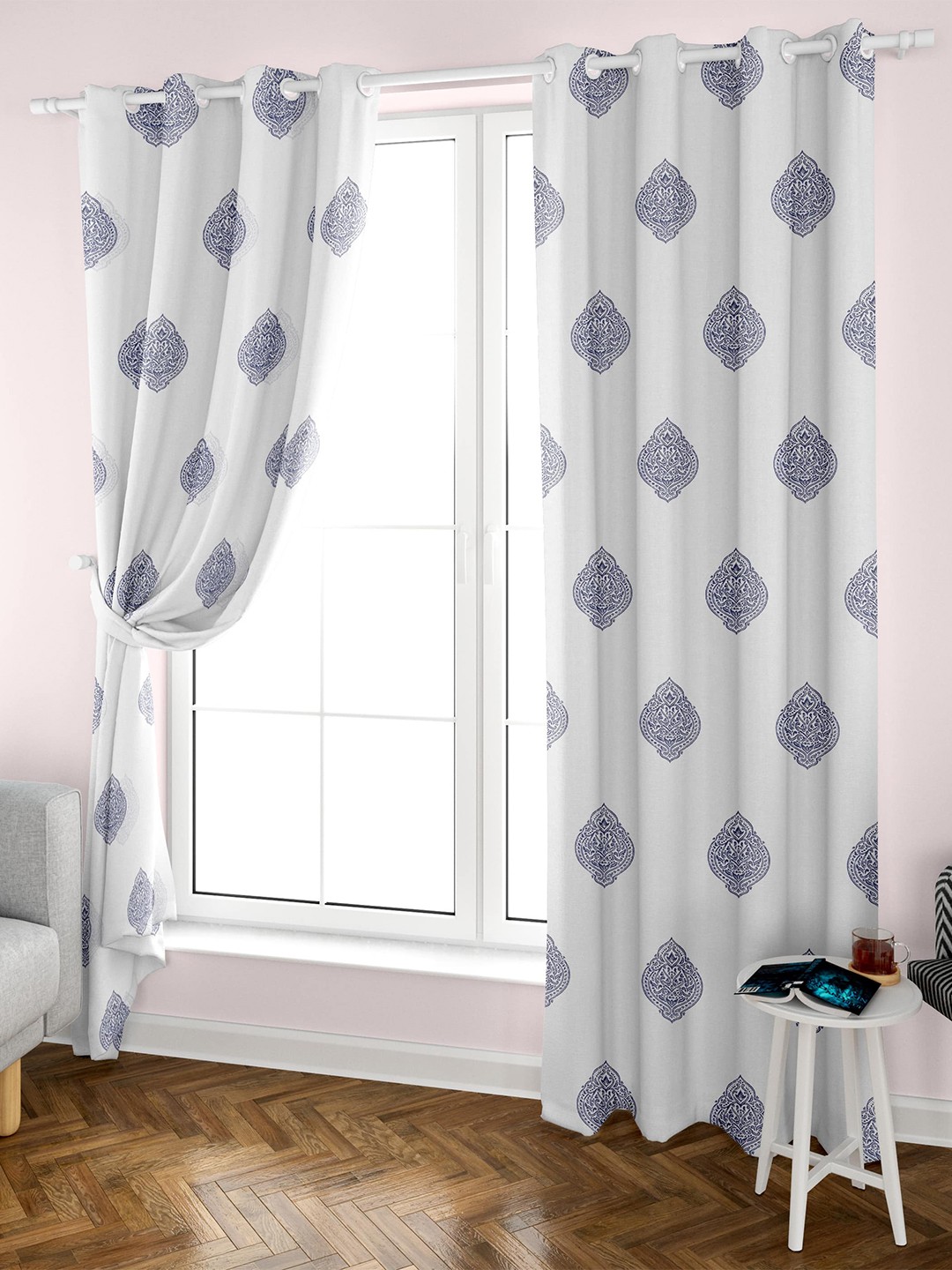 

Aura White & Blue 2 Pieces Ethnic Motifs Cotton Eyelet Door Curtain