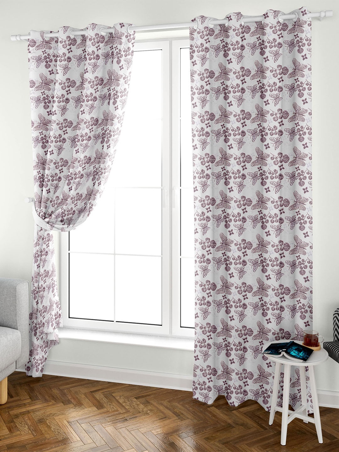 

Aura Block Printed White Maroon 2 Pieces Floral Printed Cotton Eyelet Long Door Curtains