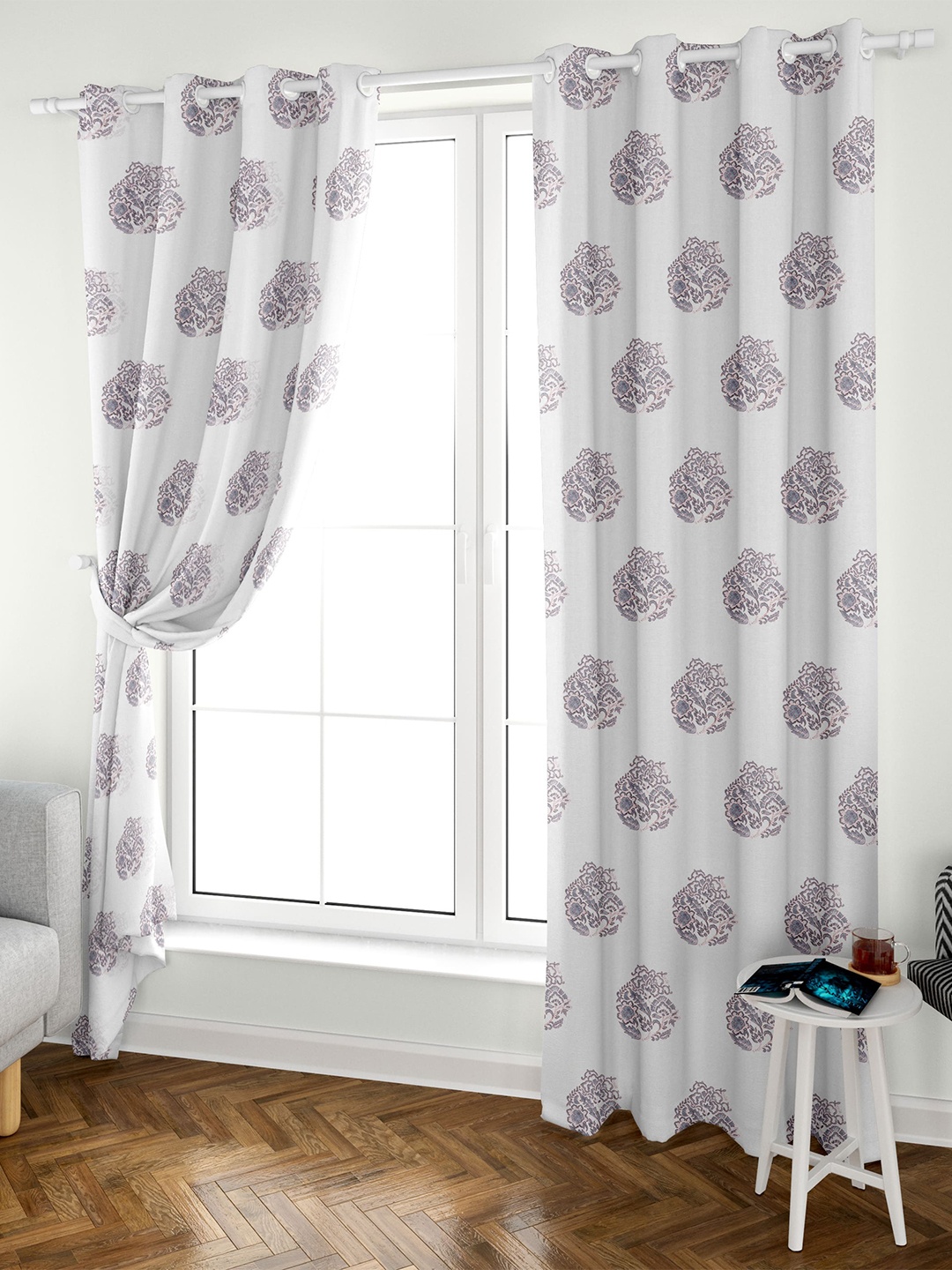 

Aura Block Printed Off White Grey 2 Pieces Ethnic Motifs Cotton Eyelet Door Curtains