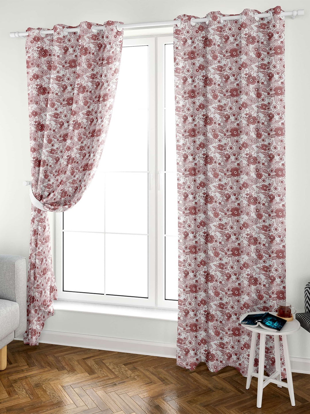 

Aura Block Printed White Maroon 2 Pieces Floral Cotton Eyelet Door Curtains