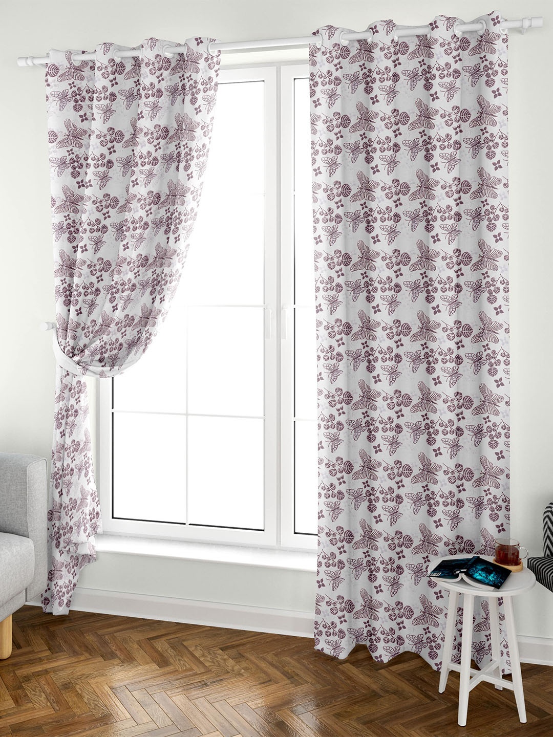 

Aura Block Printed White Maroon 2 Pieces Floral Cotton Eyelet Door Curtains