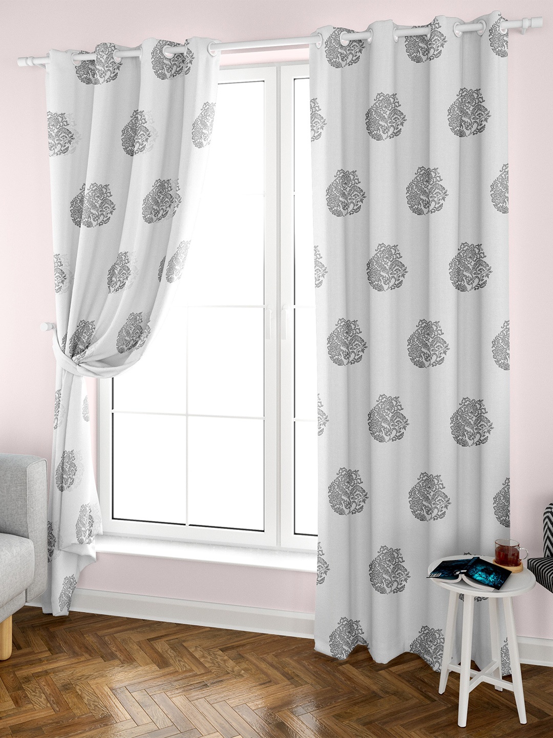 

Aura Block Printed White Grey 2 Pieces Ethnic Motifs Cotton Eyelet Door Curtains