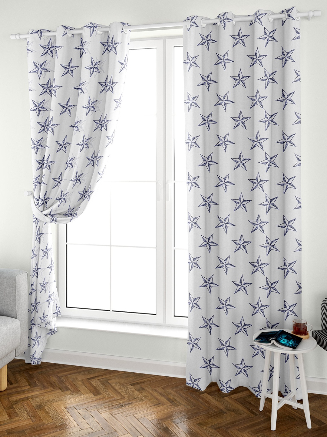 

Aura Block Printed White Blue 2 Pieces Geometric Cotton Eyelet Door Curtains