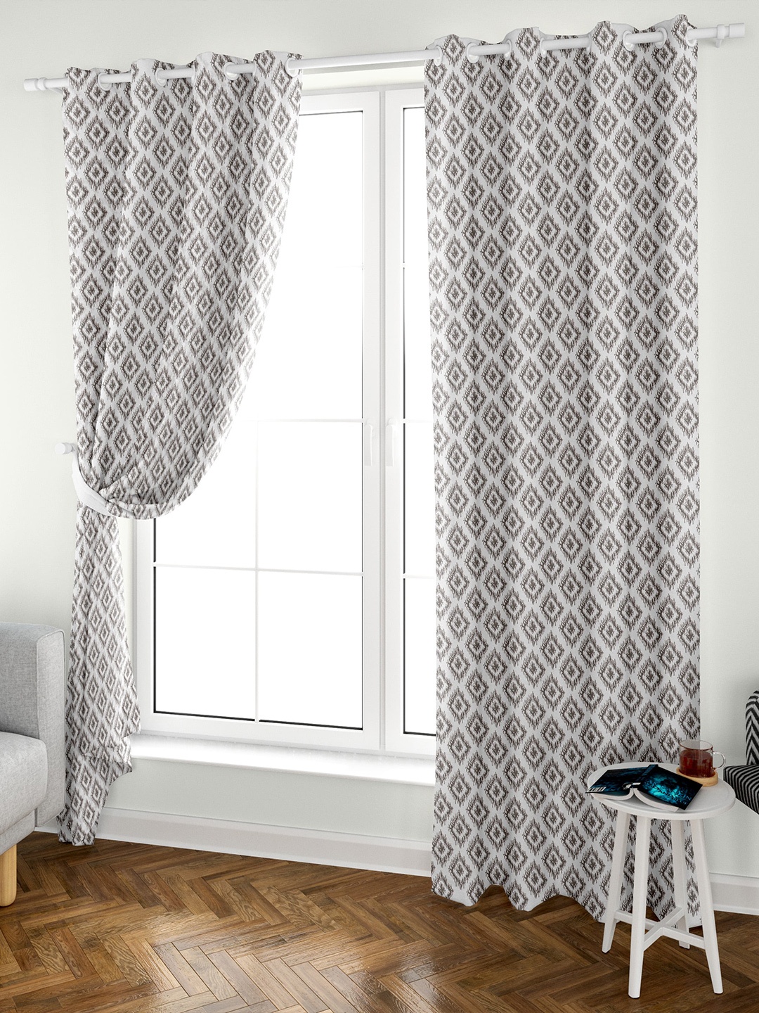 

Aura Block Printed Off White Grey 2 Pieces Geometric Cotton Eyelet Door Curtains