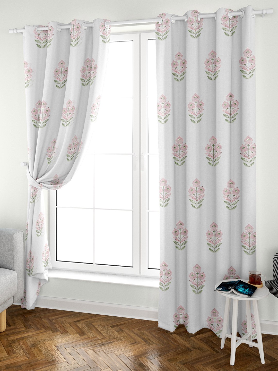 

Aura Block Printed White Maroon 2 Pieces Ethnic Motifs Cotton Eyelet Door Curtains