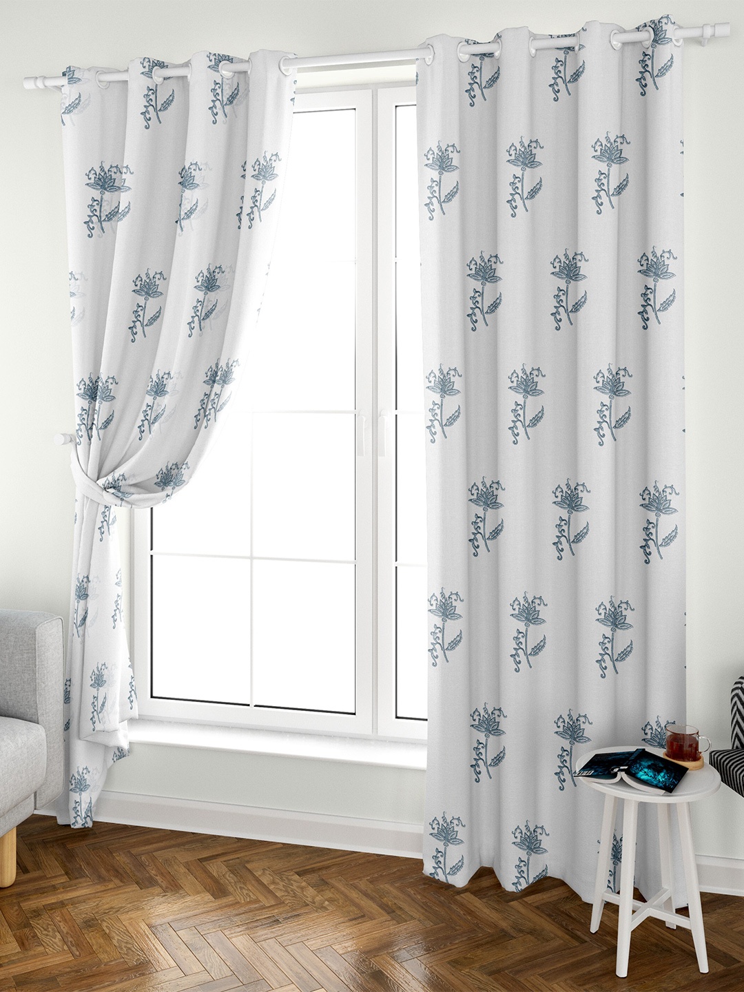 

Aura Block Printed White Blue 2 Pieces Floral Cotton Eyelet Long Door Curtains