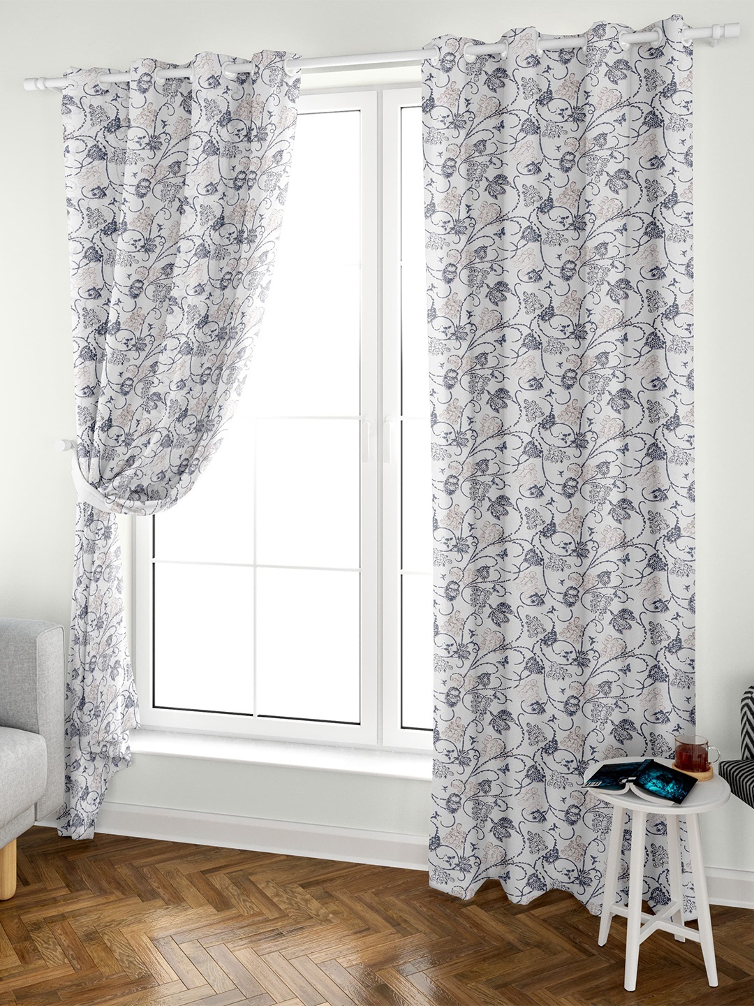 

Aura Block Printed White Grey 2 Pieces Floral Cotton Eyelet Door Curtains