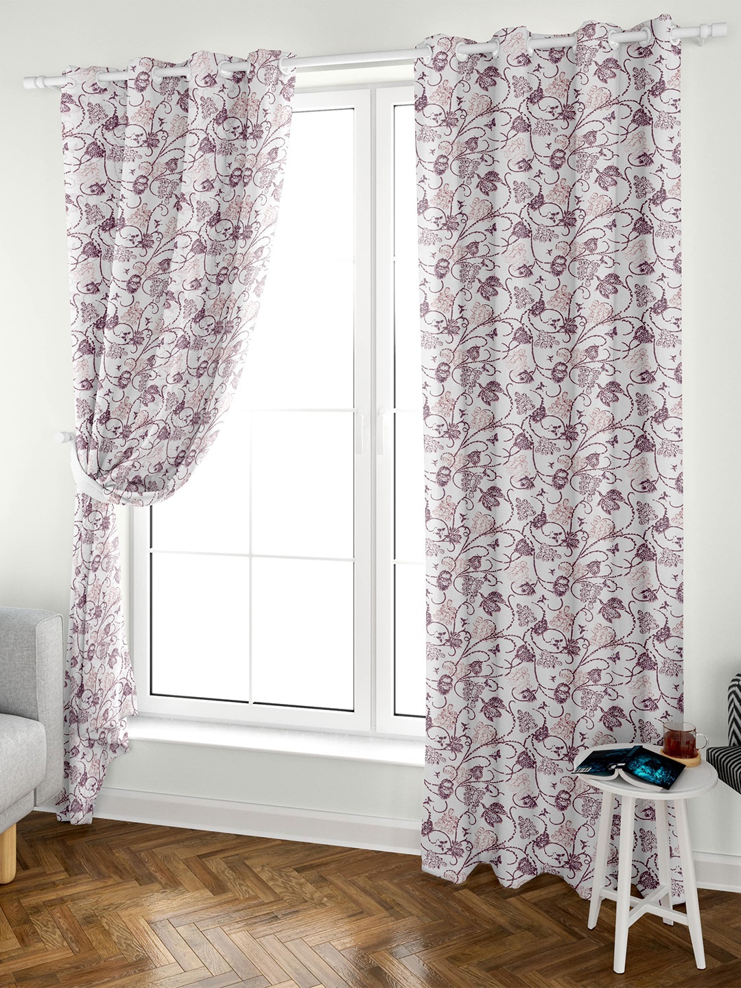 

Aura Block Printed White Maroon 2 Pieces Floral Cotton Eyelet Long Door Curtains