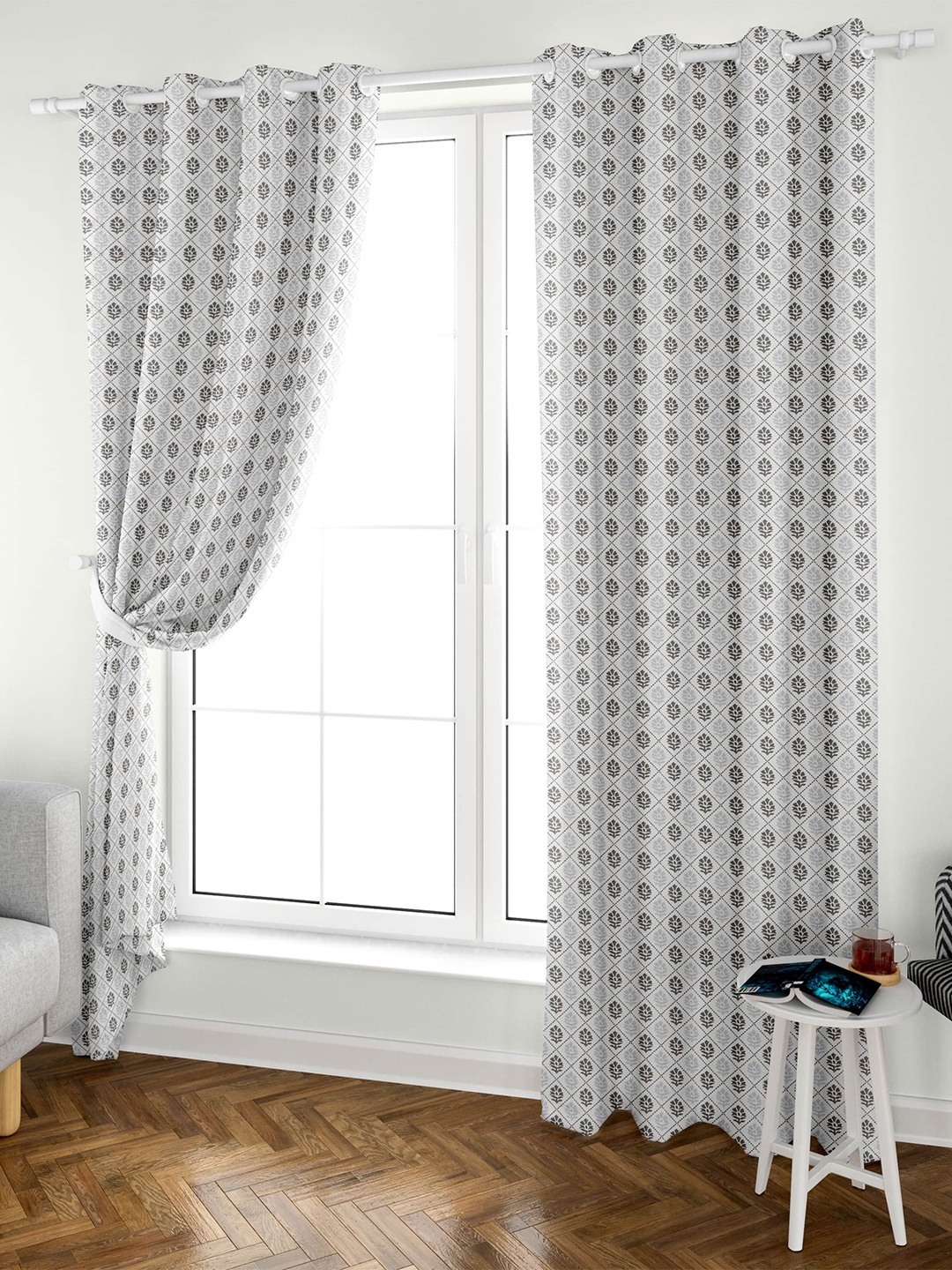 

Aura Block Printed Off White Grey 2 Pieces Ethnic Motifs Cotton Eyelet Door Curtains