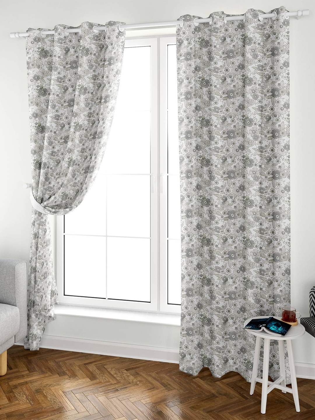 

Aura Block Printed White Grey 2 Pieces Floral Cotton Eyelet Long Door Curtains