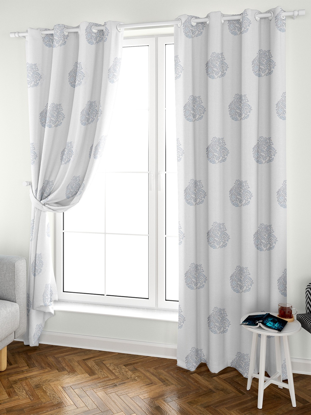 

Aura Block Printed White Blue 2 Pieces Ethnic Motifs Cotton Eyelet Door Curtains