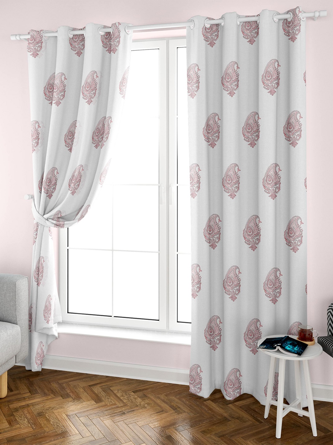 

Aura Block Printed White Maroon 2 Pieces Ethnic Motifs Cotton Eyelet Long Door Curtains