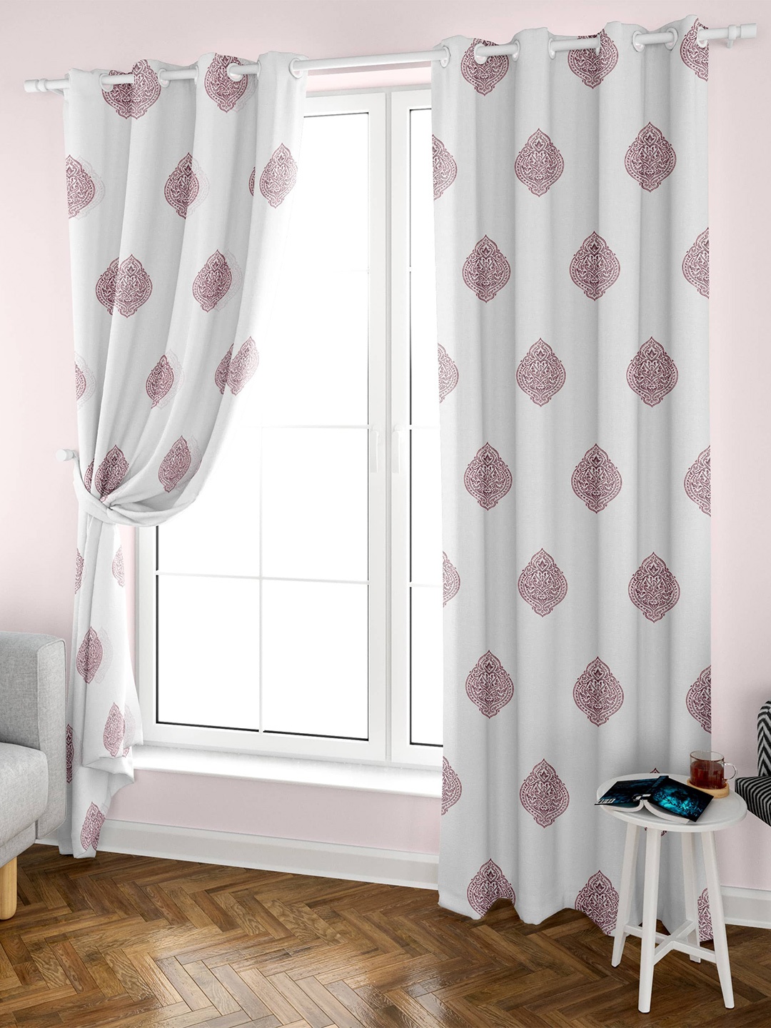 

Aura Block Printed White Maroon 2 Pieces Ethnic Motifs Cotton Eyelet Door Curtains