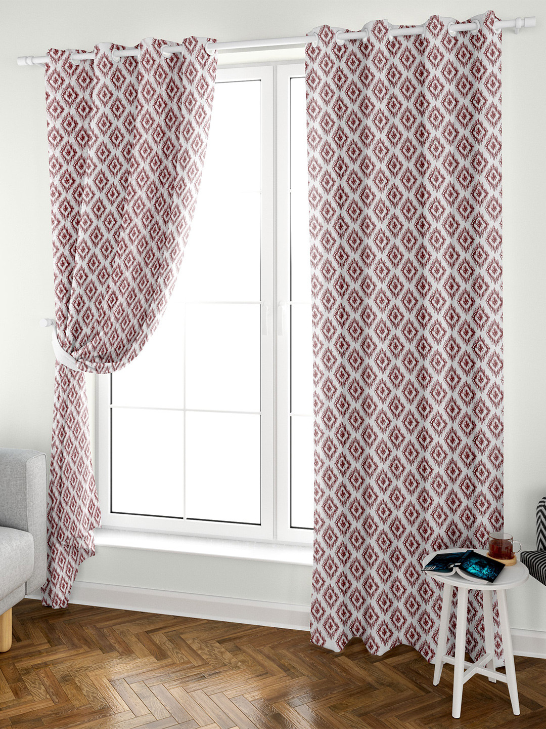 

Aura Block Printed Maroon 2 Pieces Geometric Cotton Eyelet Door Curtains, White