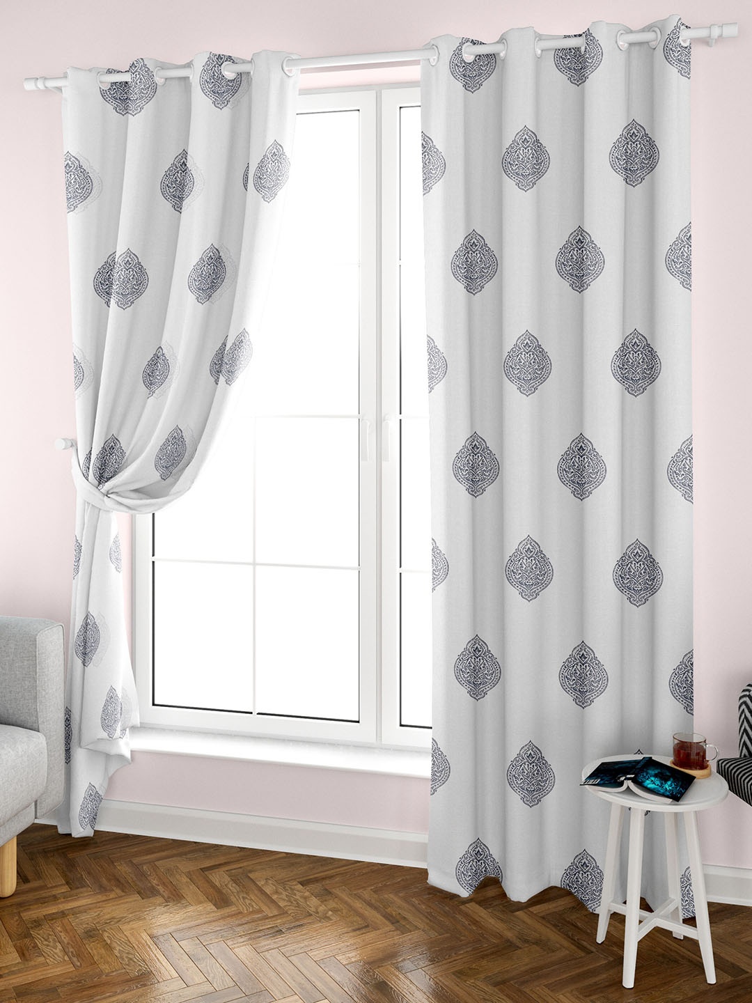 

Aura Block Printed White Grey 2 Pieces Ethnic Motifs Cotton Eyelet Long Door Curtains