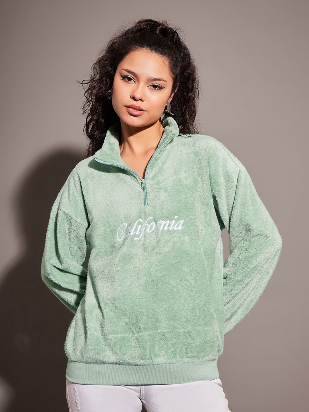 

SASSAFRAS Green Typography Embroidered Mock Collar Sweatshirt