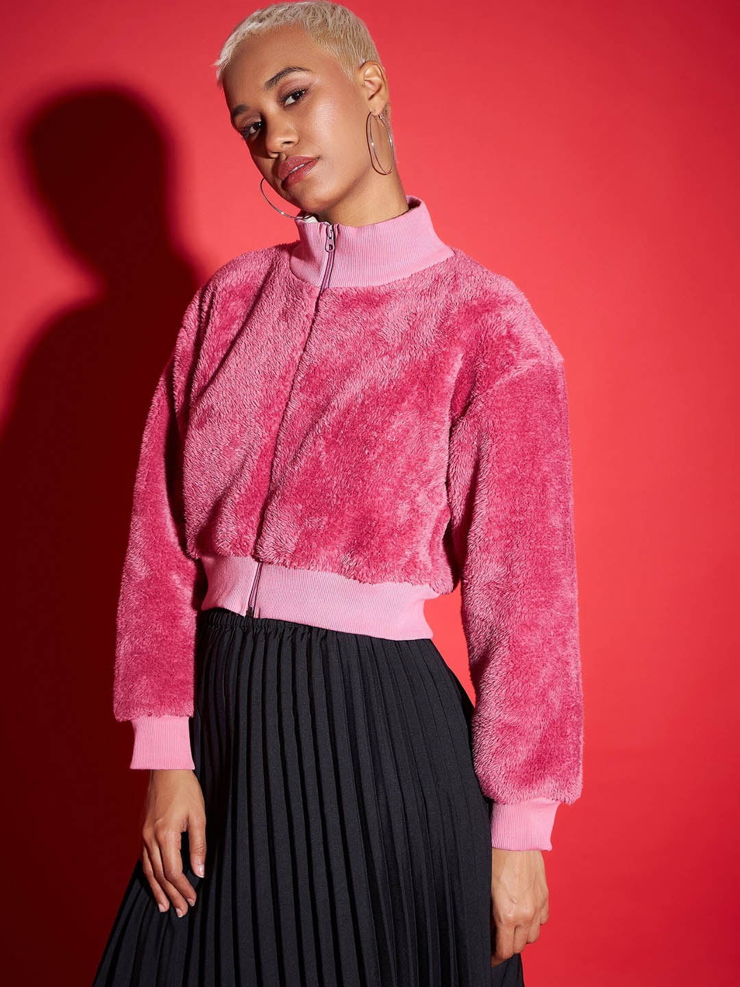 

SASSAFRAS Mock Collar Faux Fur Trim Bomber Jacket, Pink