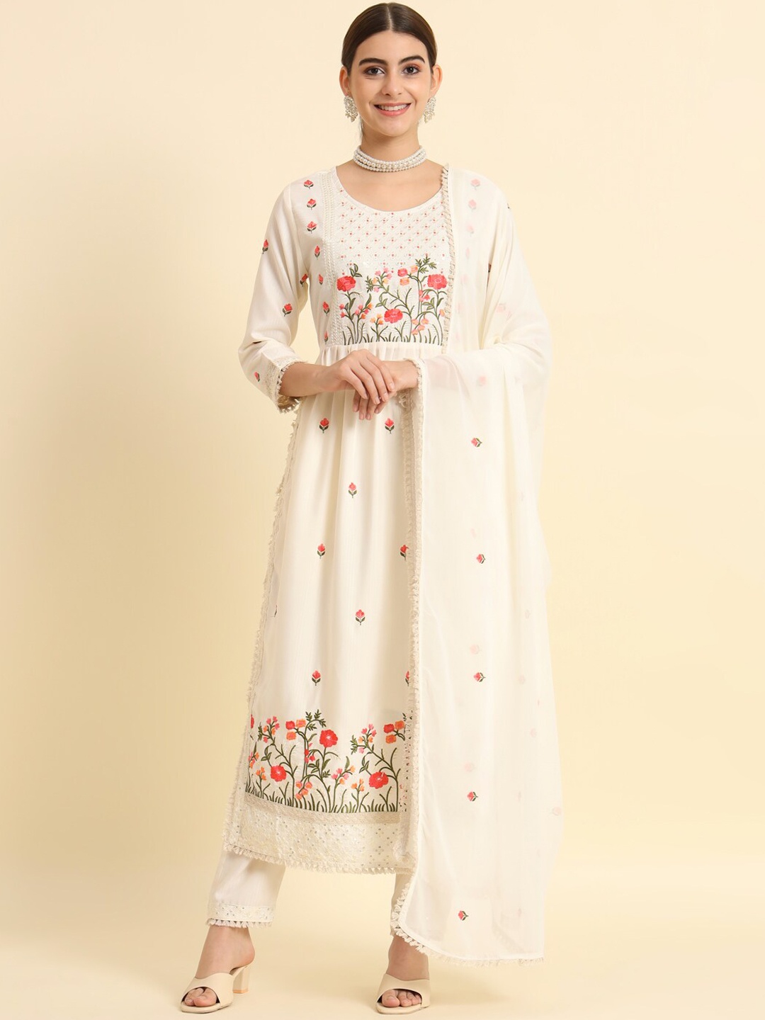 

THE52 Floral Embroidered Straight Kurta with Trousers & With Dupatta, White