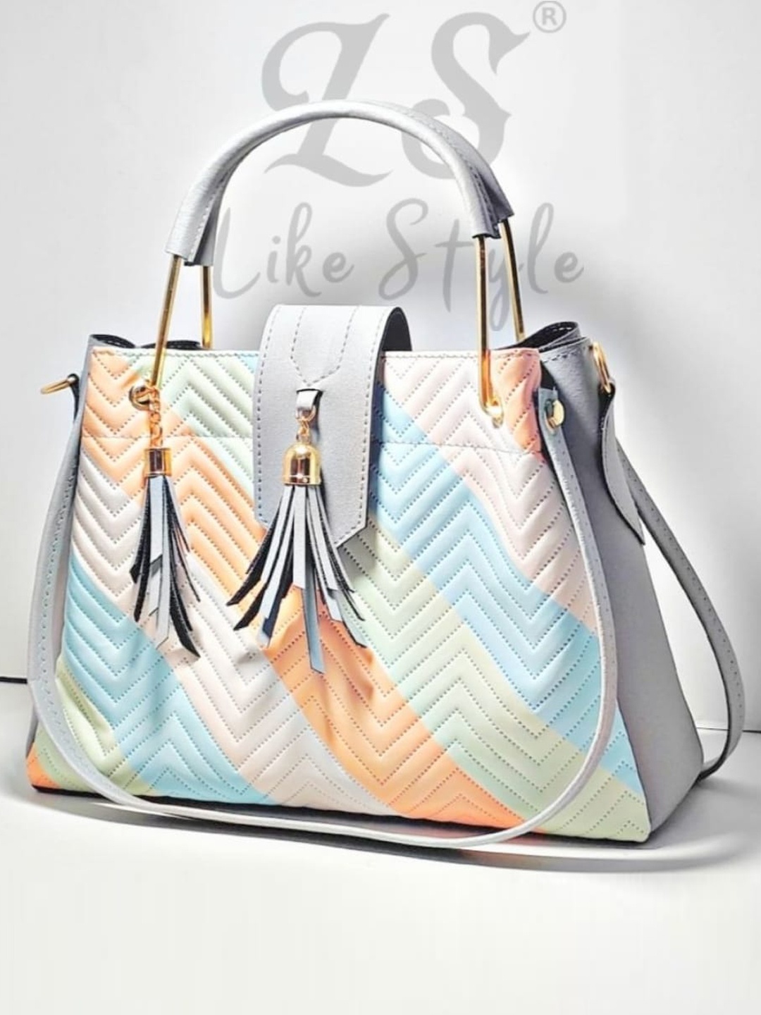 

LIKE STYLE Colourblocked Zip Detail PU Structured Handheld Bag With Tasselled, Grey