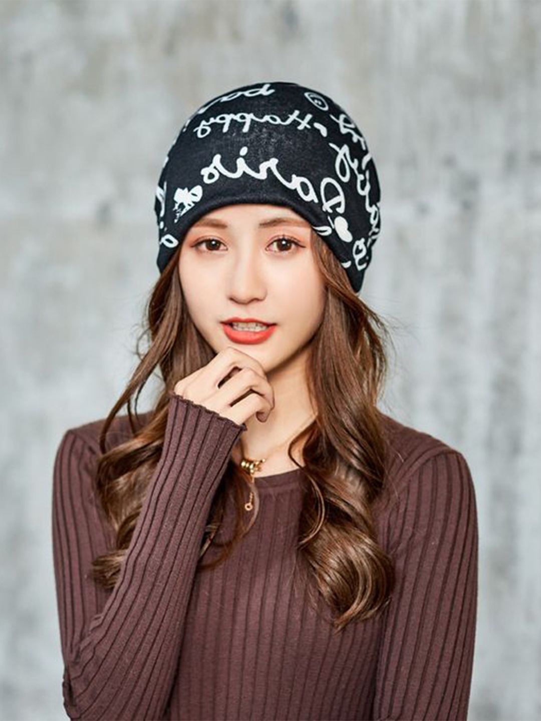 

Alexvyan Women Printed Cotton Beanie, Black