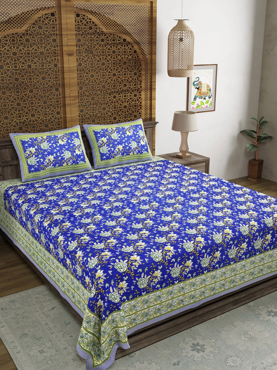 

Aura Dreams Blue Green Floral 210 TC Cotton King Bedsheet with 2 Pillow Covers